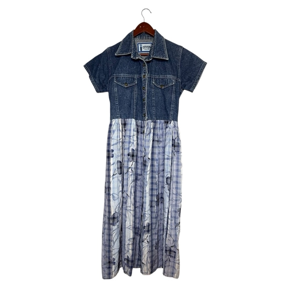 Vintage Women's Denim Plaid Floral 90's Grunge Cottagecore Maxi Midi Dress Vtg